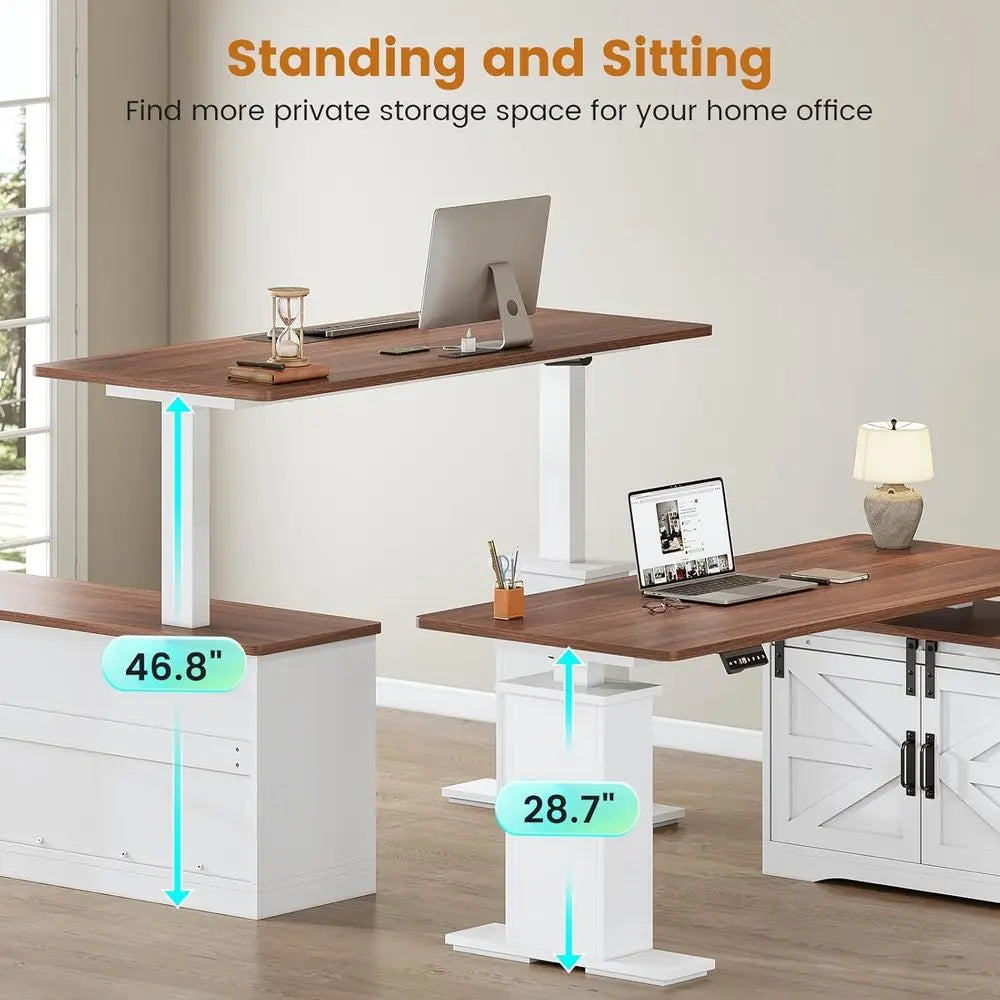 L Shaped Standing Desk, 55 inch Height Adjustable Desk with Storage Standing Computer Desks with Power Outlets