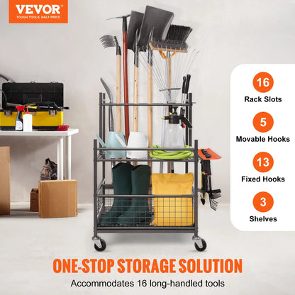 Garden Tool Organizer Yard Tool Tower Rack with Hooks Wheels Long-Handled Rake Stand Holder for Garage Storage