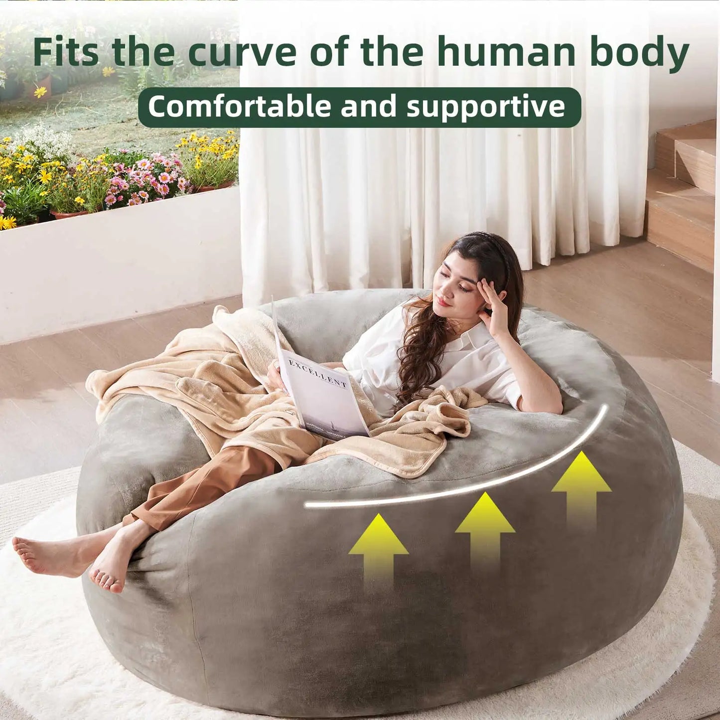 Bean Bag Chair filled with memory foam. Large bean bag chair suitable for adults, featuring a soft sofa