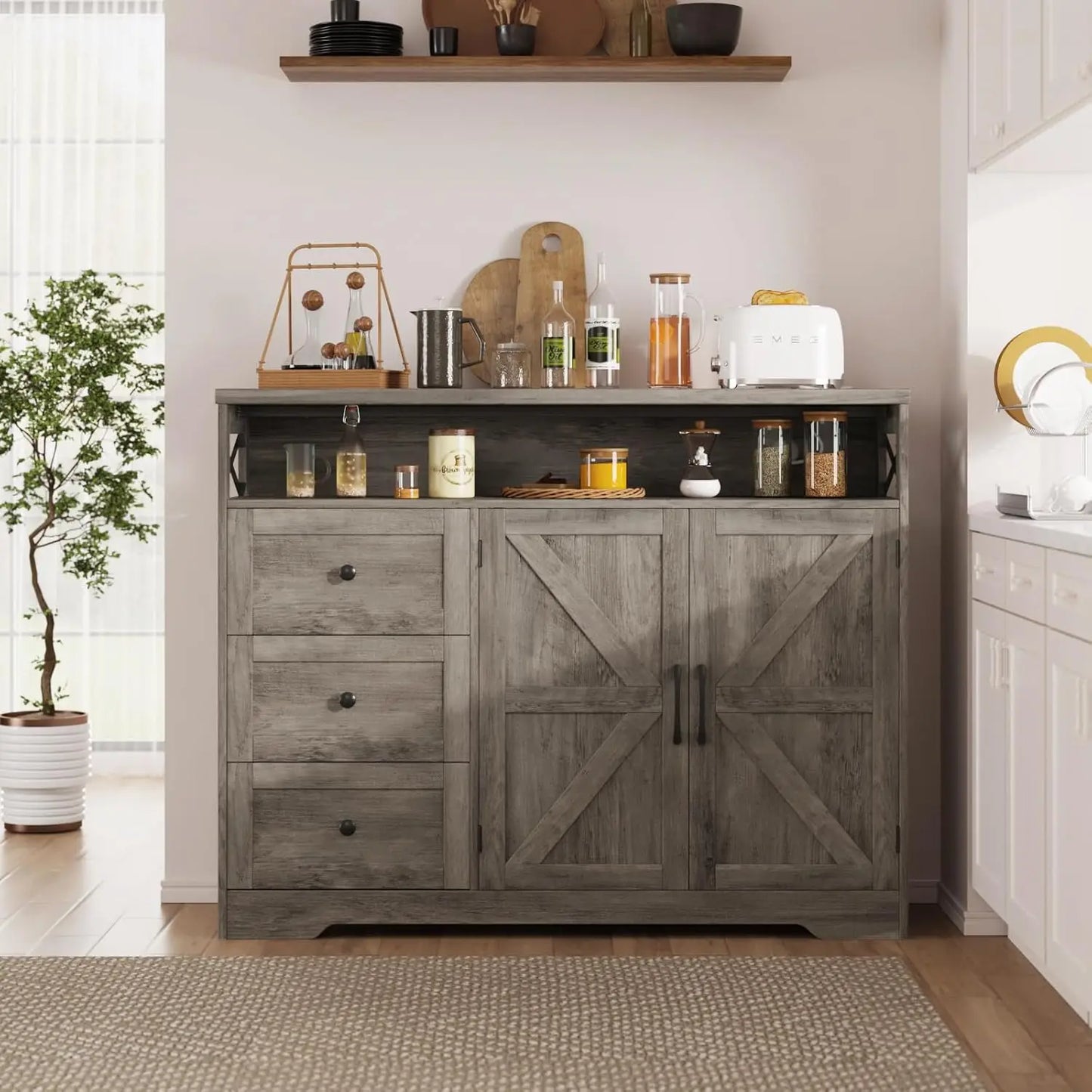 Farmhouse Buffet Storage Cabinet with Drawers & Shelf, Sideboard with Storage, Kitchen Pantry Hutch Cabinet, Customized