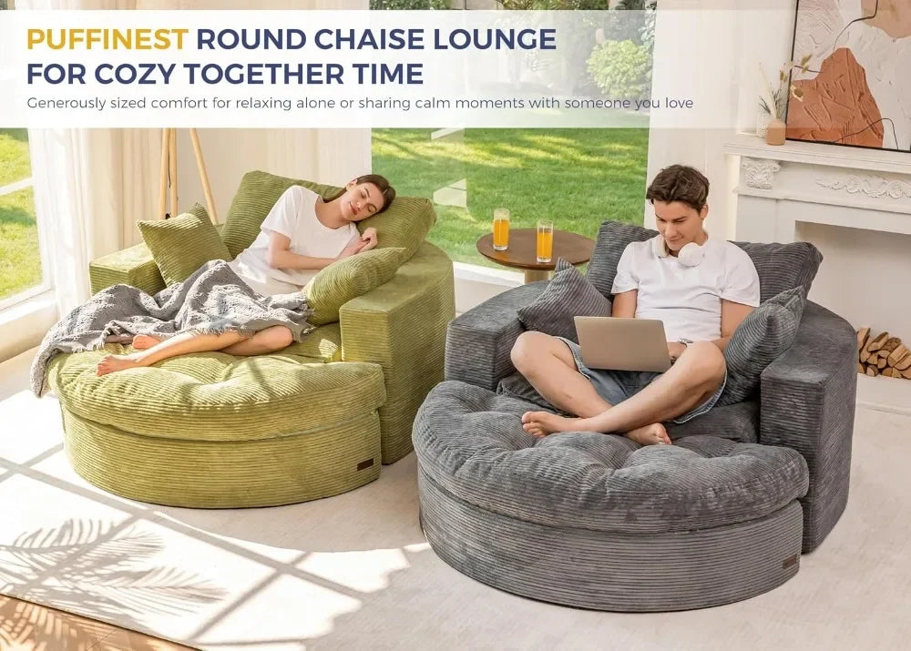 Oversized Round Chaise Lounge Sofa with Ottoman, Deep Seat Sleeper Chair, Boneless Couch for Living Room, Dark Grey