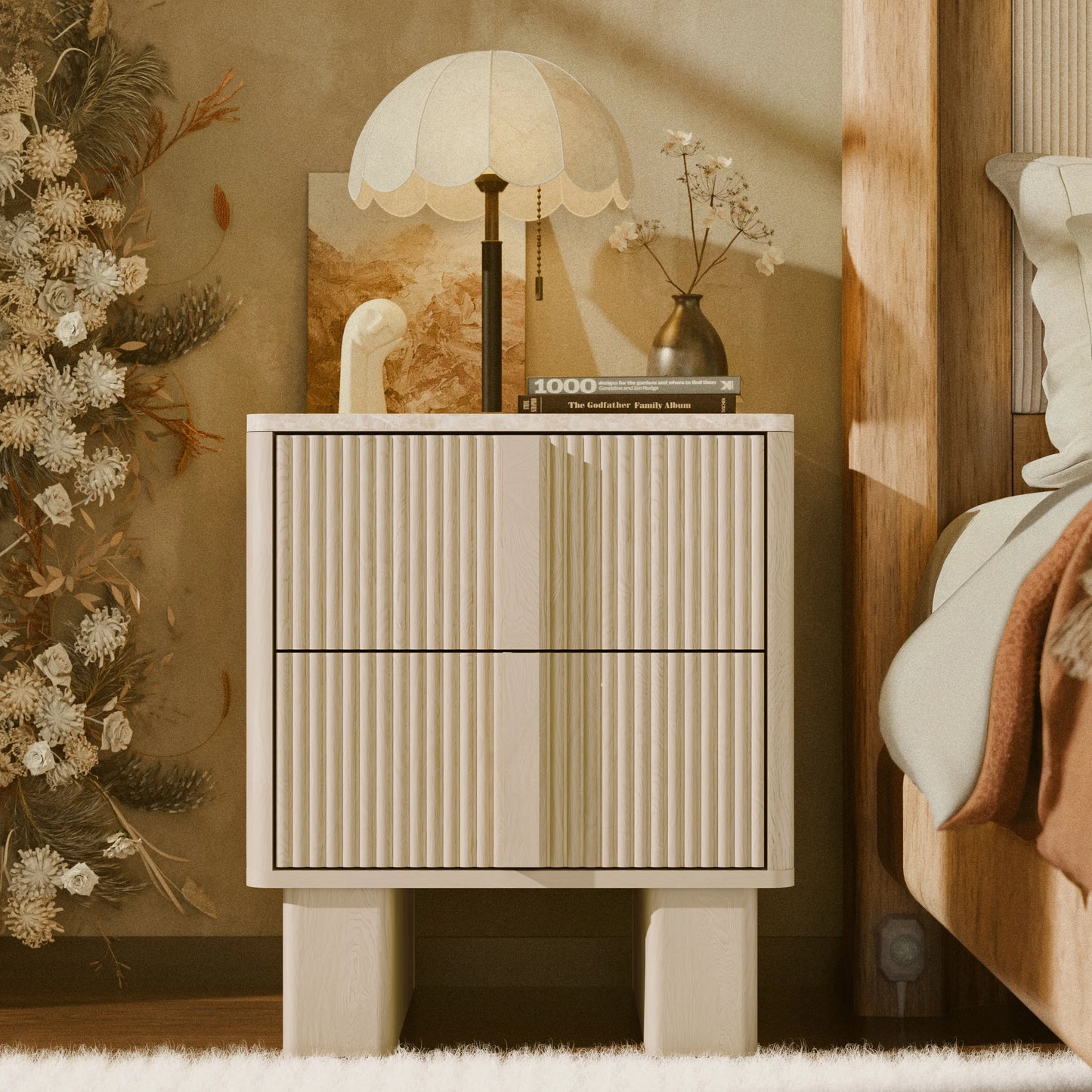 Fluted Nightstands w/ Charging, 2-Drawer End Tables w/ Reinforced Legs, Whitewashed Oak for Bedroom