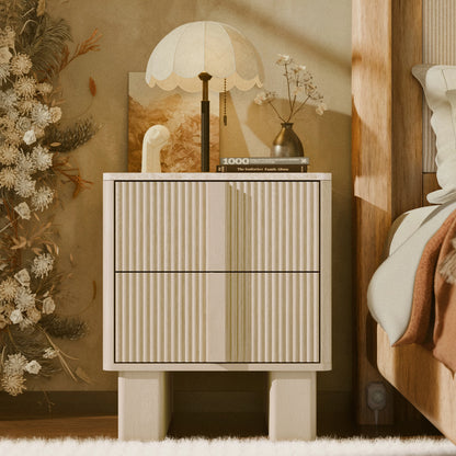 Fluted Nightstands w/ Charging, 2-Drawer End Tables w/ Reinforced Legs, Whitewashed Oak for Bedroom