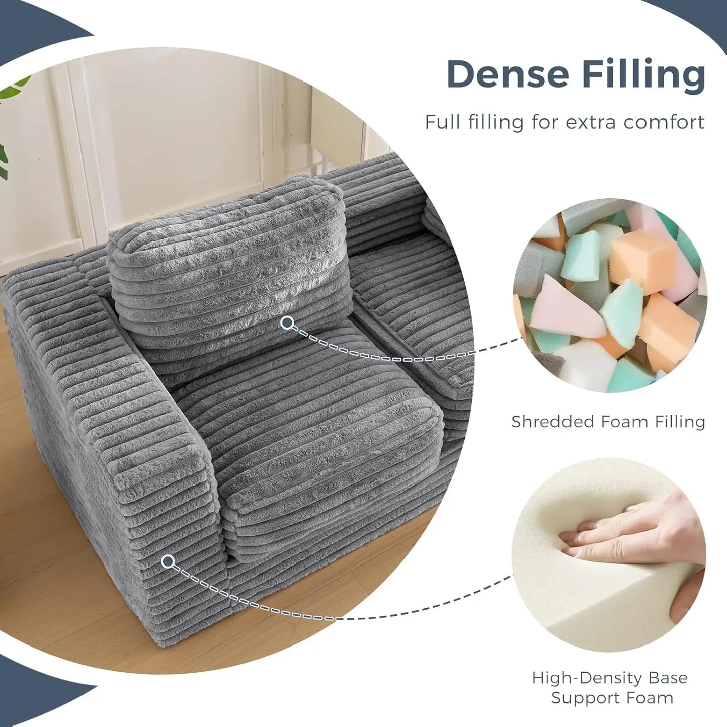 Large Grey Bean Bag Sofa with Pillows and Armrests, Plush Floor Chair for Living Room or Bedroom
