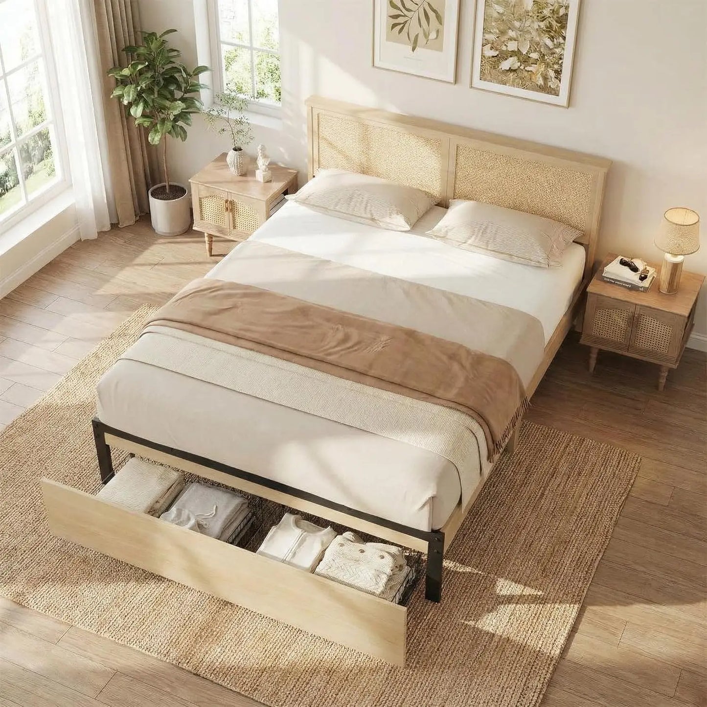Rattan Bed Frame with Headboard, Boho Cane Platform Bed Frame with Drawer, Strong Metal Slats Support