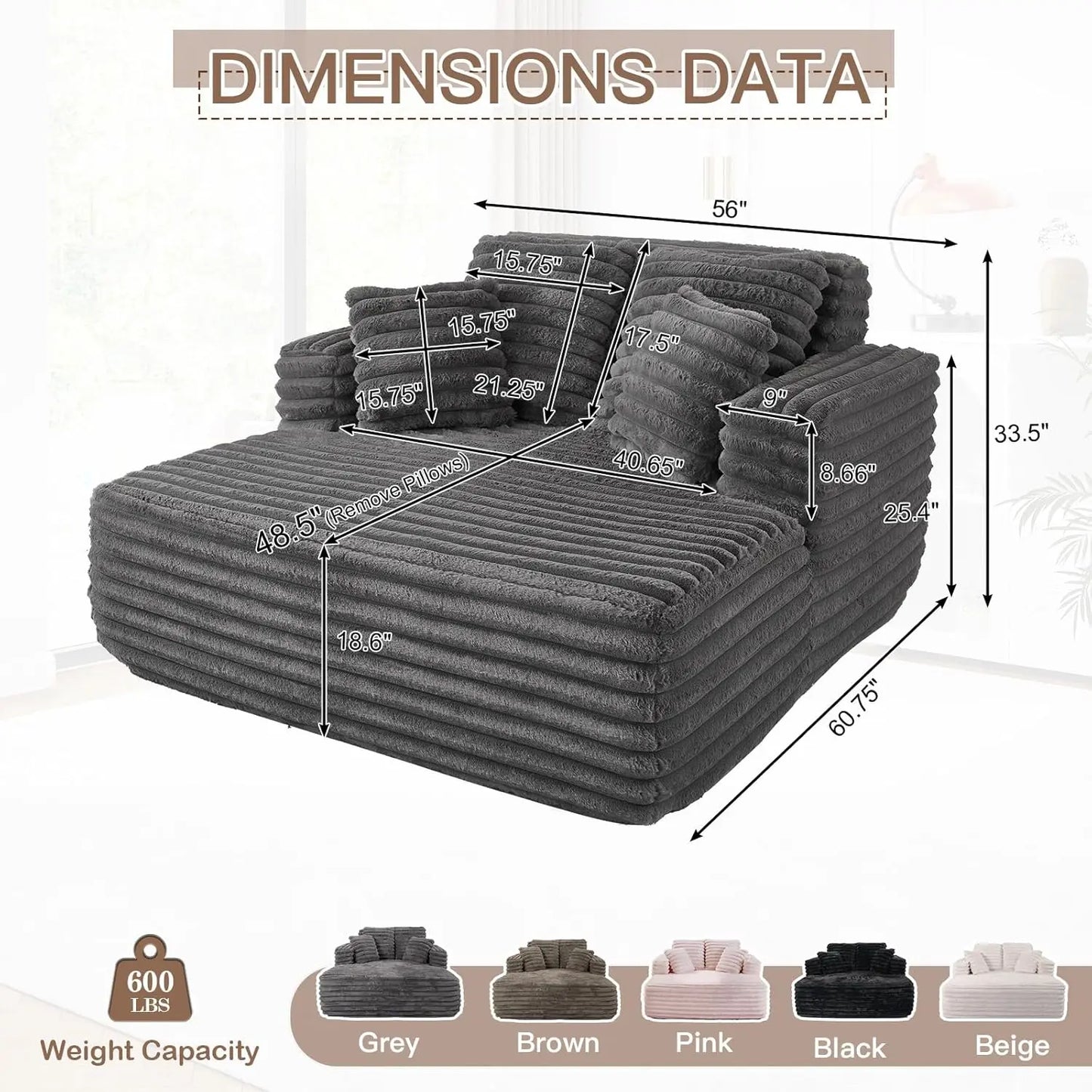 Plush Faux Fur Chaise Lounge Chair Couch Bed with Pillows And Wide Armrest Oversize Indoor Sleeper Sofa Fluffy