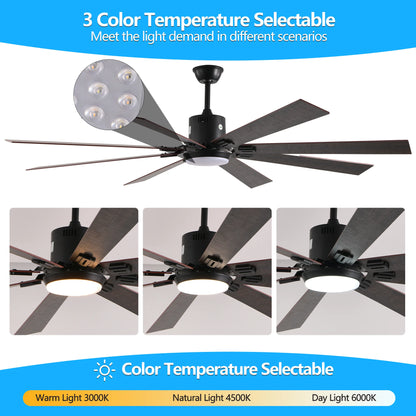 Walnut LED Ceiling Fan Light with 8 Wooden Blades, Remote Control, Dimmable & Adjustable Color Temperature