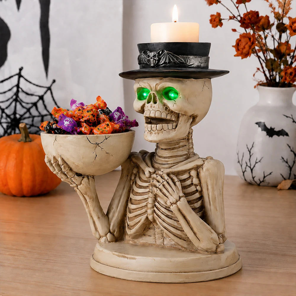 Halloween Skeleton Figurine with Storage Bowl & Candle Holder