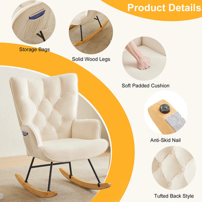 Rocking Chair Nursery,Stylish Modern Rocking Accent Chair Glider Recliner for Living Room Nursery Bedroom, Ivory