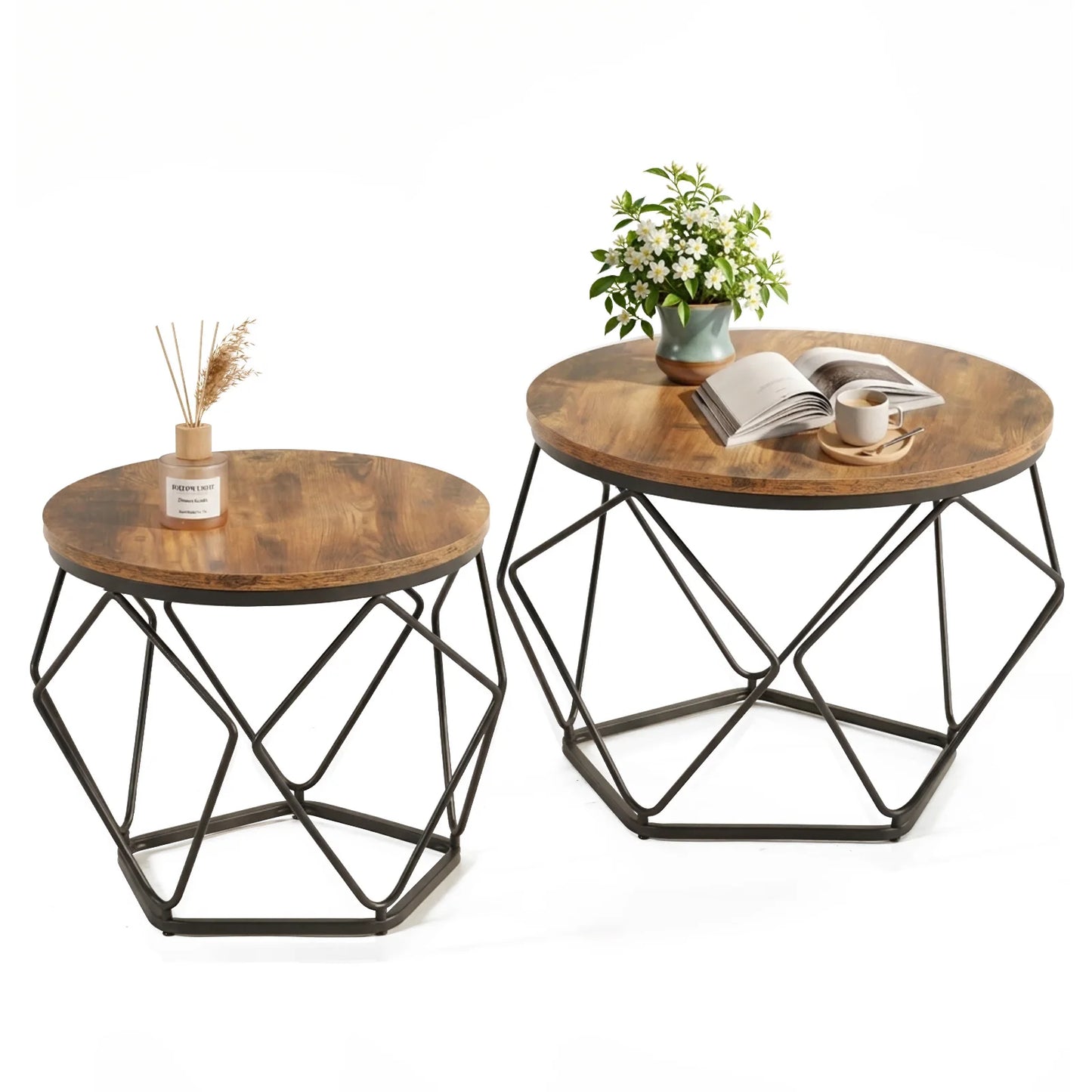 Round Geometric Coffee Table Set of 2 Movable End Tables for Living Room Nesting Side Tables with Hidden Storage