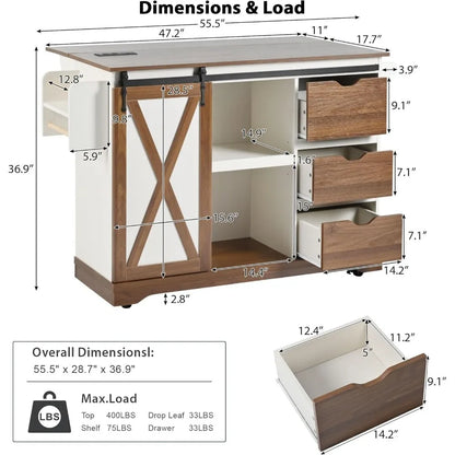 Kitchen Rolling Island with Drop Leaf, Mobile Island for Kitchen with Barn Door,for Home, Dining Room (White)
