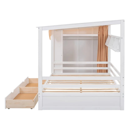 Full size House Bed with Two Drawers and Wardrobe,sturdy construction and Unique design,White/Gray /Natural.