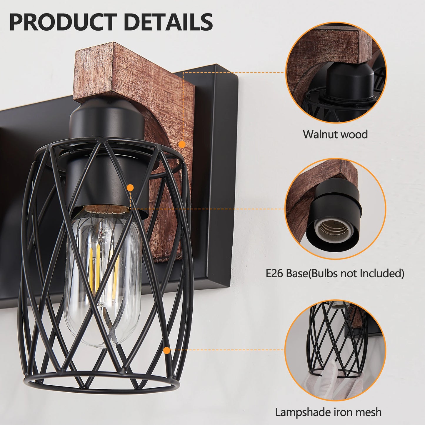 32 Inch 5-Light Vintage Mirror Sconce Black Cage Wall Sconce with Wooden Accents