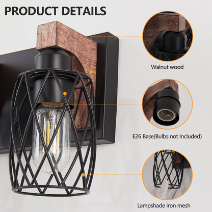 32 Inch 5-Light Vintage Mirror Sconce Black Cage Wall Sconce with Wooden Accents