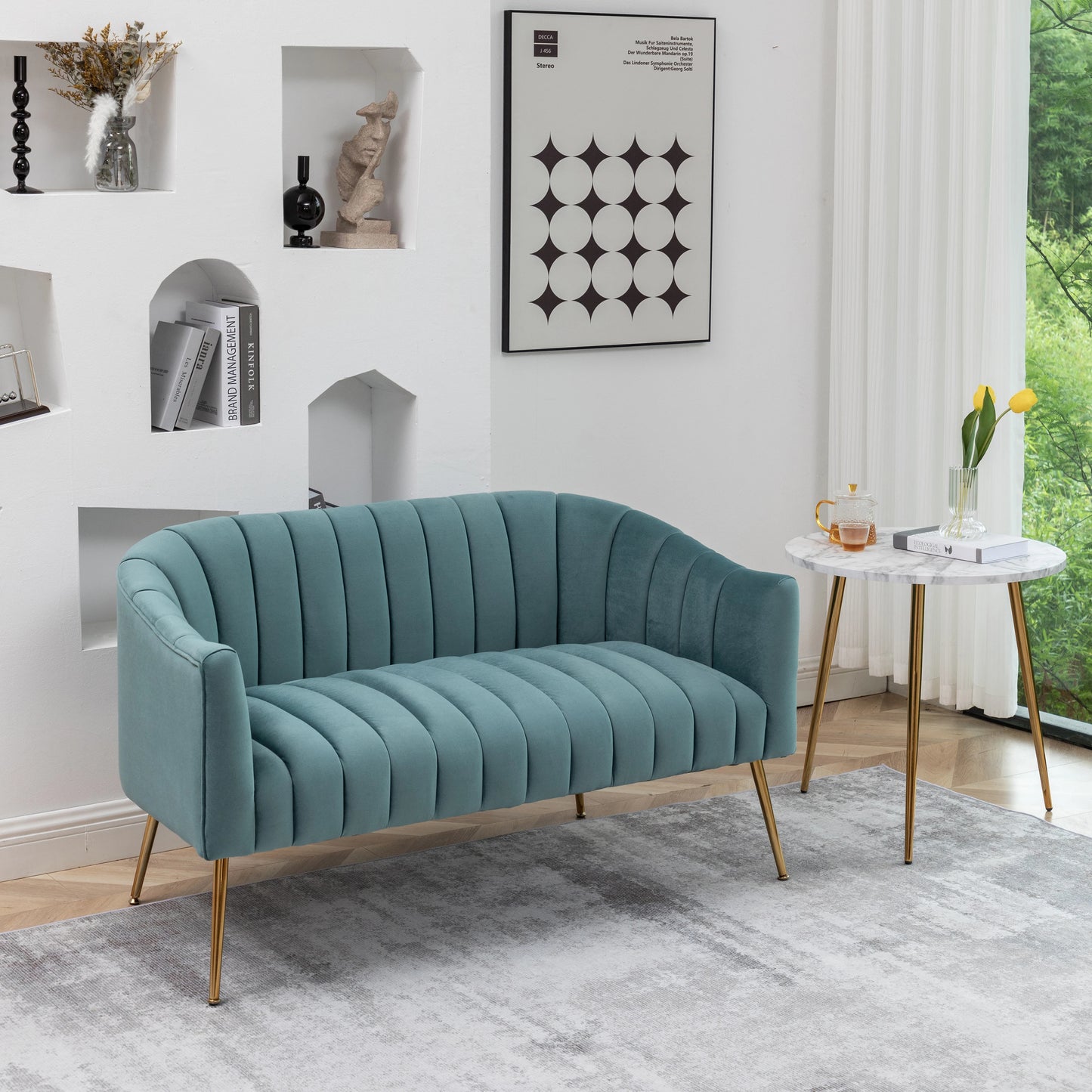 Modern Glam Comfy 50" Metal Legs Curved Sofa 2 Seaters Loveseat with Tufted Back, Mid Century Hall Velvet Sofa for Living Room