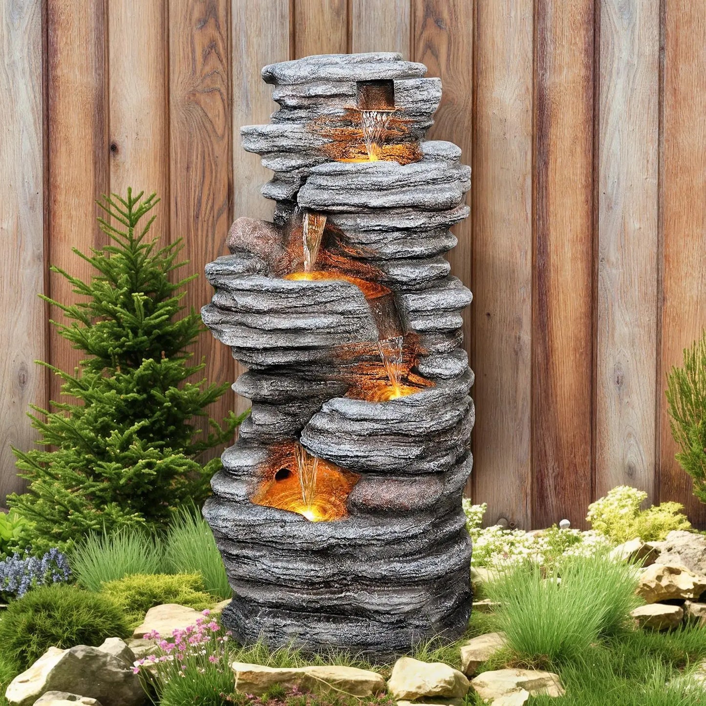 Outdoor LED Waterfall Fountain, Natural Rock Look for Garden, Patio, Yard Decor