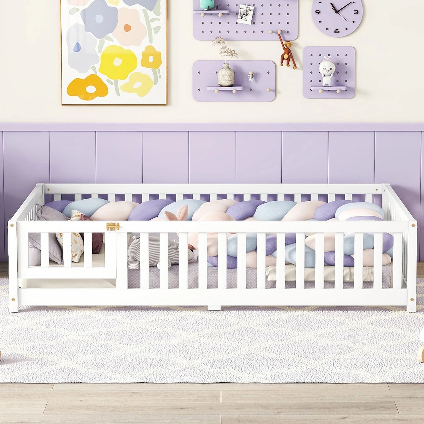 Toddler Floor Bed Frame with Safety Guardrails Doors Wood Slat Support Bed Detachable Platform Bed for Kids Bedroom Nursery