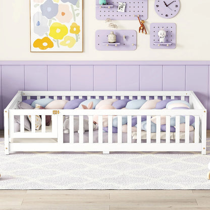 Toddler Floor Bed Frame with Safety Guardrails Doors Wood Slat Support Bed Detachable Platform Bed for Kids Bedroom Nursery