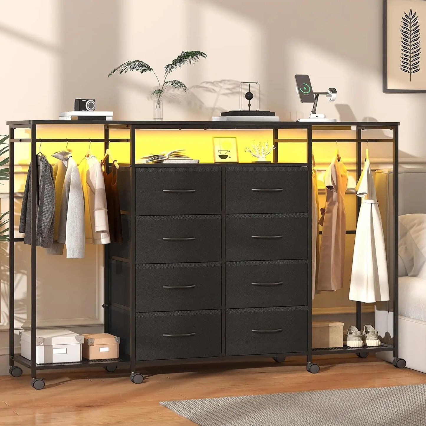 Dresser for Bedroom with Hanging Rack, 8 Drawer Dresser with LED Lights & Charging Station, Fabric Dressers Customized