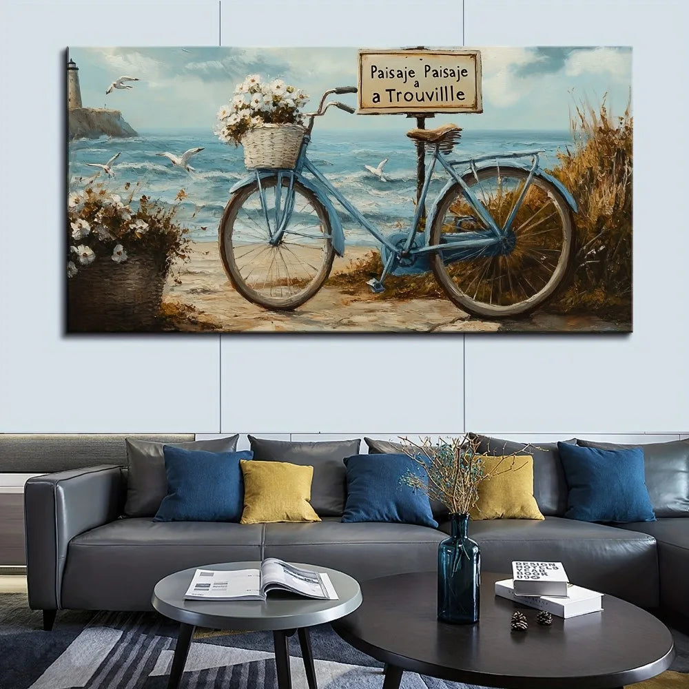 1.5 inch thick pine solid wood frame, white lighthouse, beach, waves, ocean, seascape, nature landscape hanging picture