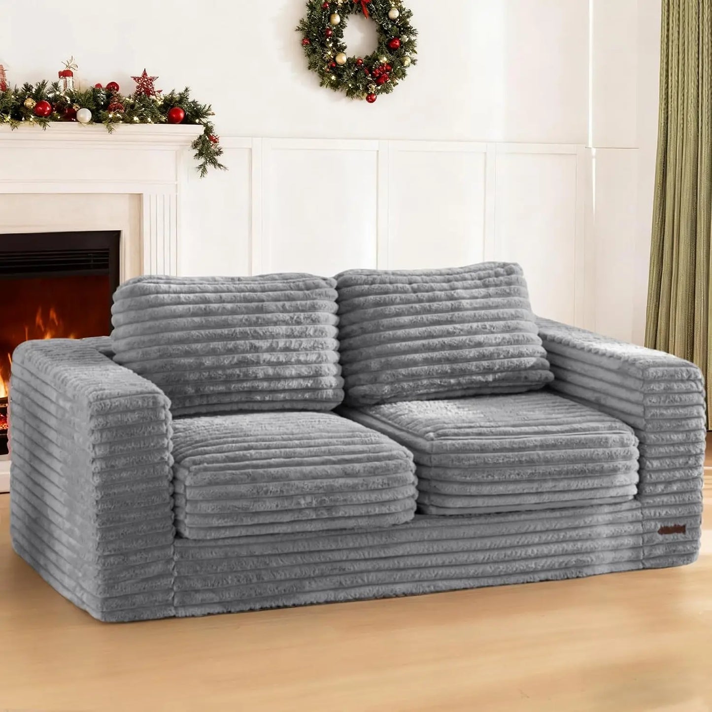 Large Grey Bean Bag Sofa with Pillows and Armrests, Plush Floor Chair for Living Room or Bedroom