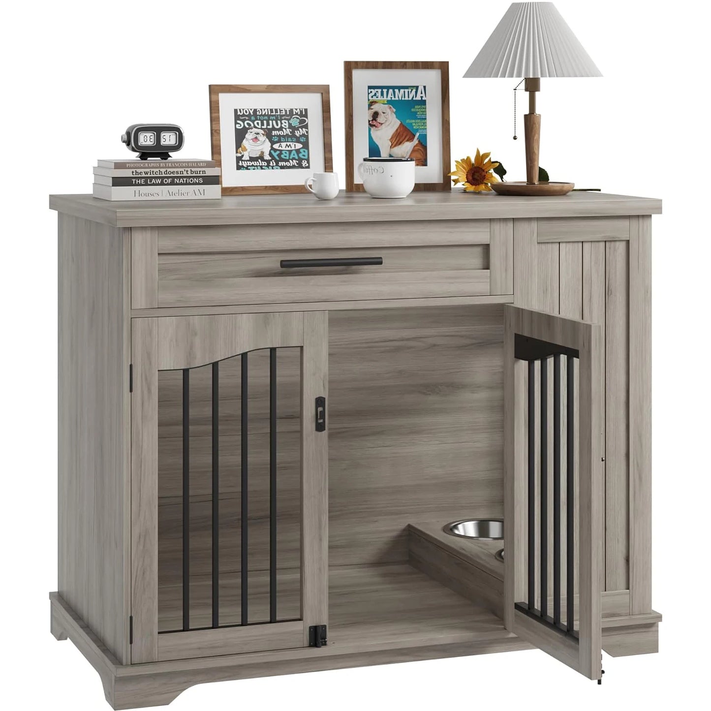 Furniture Style Dog Crate Heavy Duty Wooden Dog Kennel With Drawer Side Storage & Built-in Feeding Station For Pets