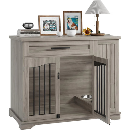 Furniture Style Dog Crate Heavy Duty Wooden Dog Kennel With Drawer Side Storage & Built-in Feeding Station For Pets