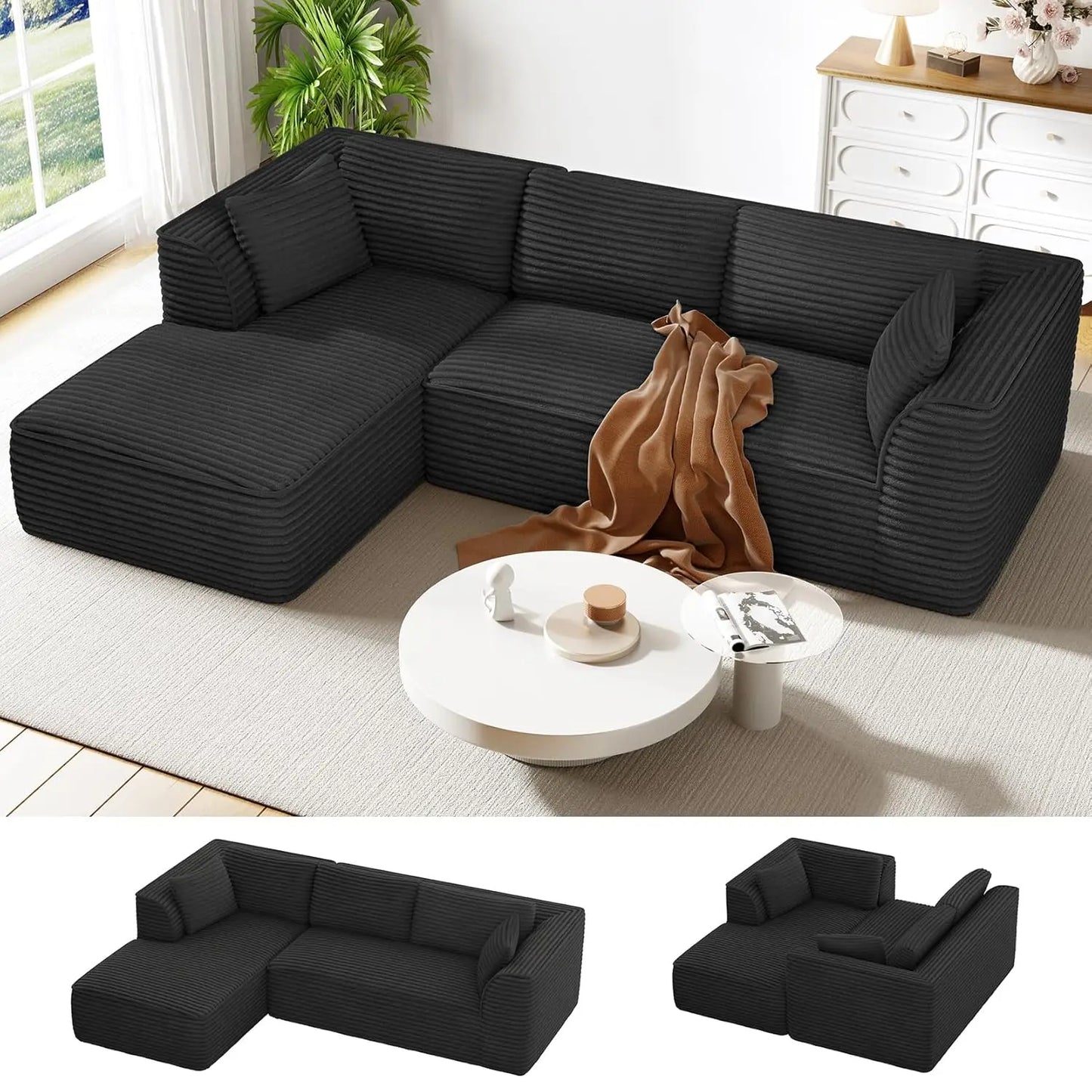 Boneless Couch with Chaise, Deep Seat Comfy Cloud Modular Sofa Corduroy Memory Foam Sectional Couches