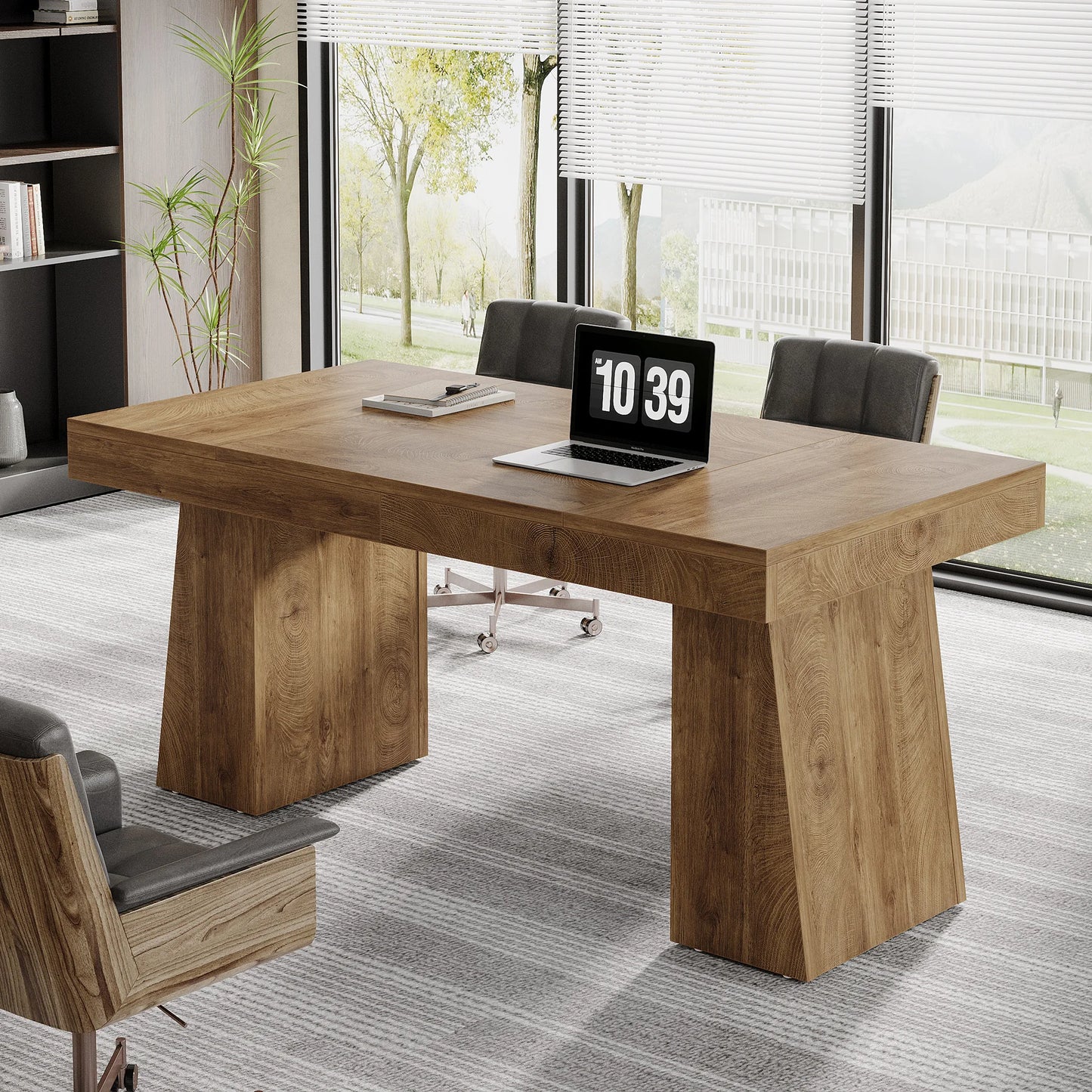 Executive Desk, Large Wood Office Computer Desk with Double Pedestal, Modern Minimalist Workstations