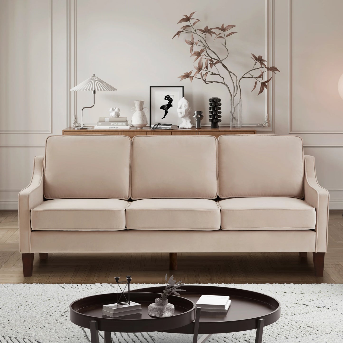 Modern Living Room Triple Recliner Sofa Bedroom Smooth To The Touch Long Lasting Wooden Table Legs Upholstered Velvet Large Sofa