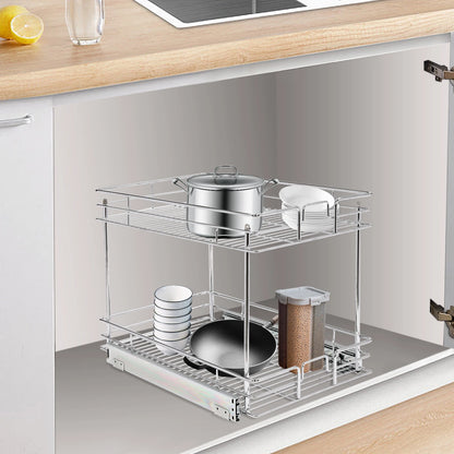 2-Tier Silver Cabinet Pull Out Shelves, Organizer Storage