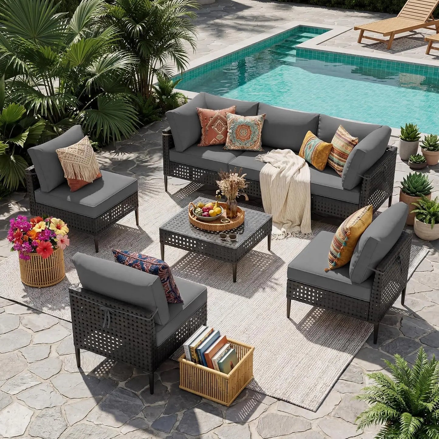 Wicker Patio Furniture Set, 7-Piece Modular Outdoor Furniture Set, High-Leg Design Sectional Patio Sofa
