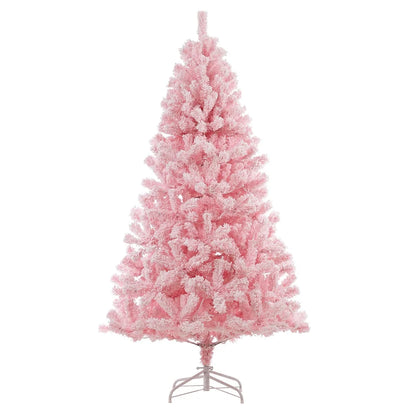 6Ft Pink Pre-Lit Christmas Tree, Snow Flocked Artificial Christmas Tree with 250 & Multi Color Led Lights, Fake Xmas Tree