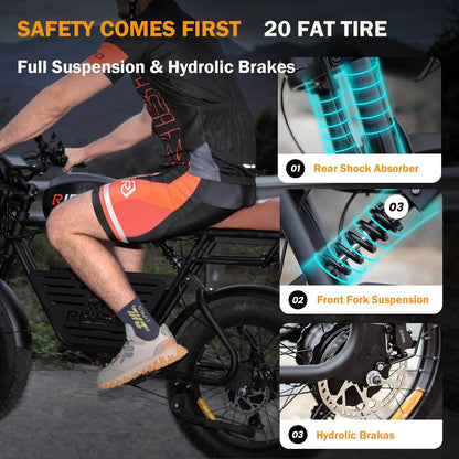 Electric Bike for Adults, Dual Motor2000Wo 20 in Fat Tire Ebike, Up to 37MPH & 80 Miles,48V 25Ah Removable Battery，7 Speed