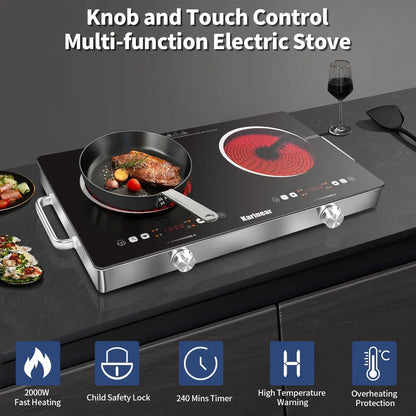 Ceramic Hob 2 Zones, 3200W Plug in Electric Hob with Safety Lock, Knobs Touch Control, 56cm Countertop Freestanding 240V