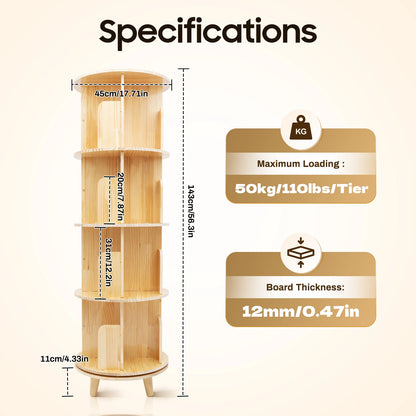 4 Tier Rotating Bookshelf with Legs,Floor Standing Stackable Wood Round Bookshelf 360 Display Book Shelf for Living Room Bedroom