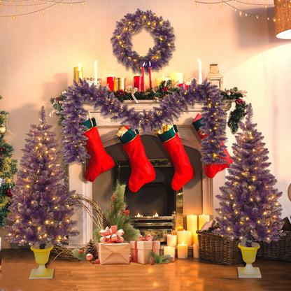 Pre-lit Christmas 4-Piece Set: Garland, Wreath, 2 Entrance Trees with LED Lights, Purple PVC. Ideal Festival Celebration Set.