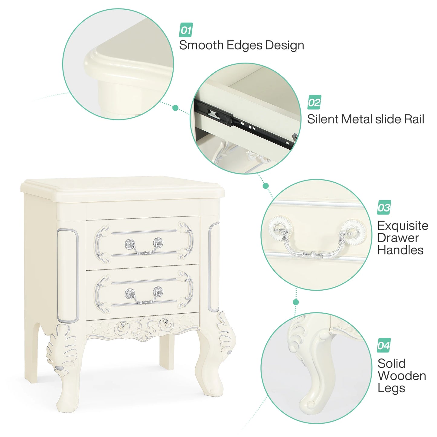 White Nightstand, End Table with 2 Drawers, Side Table