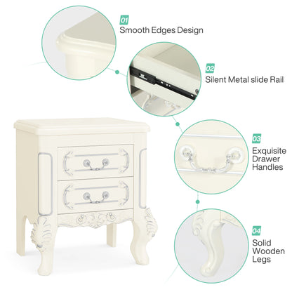White Nightstand, End Table with 2 Drawers, Side Table