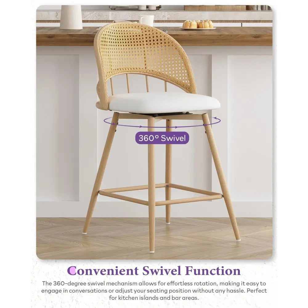 Barstool's Set of 4 w Rattan Backrest, Swivel Counter Height Bar stools w Metal Legs, Boho Bar stools with
