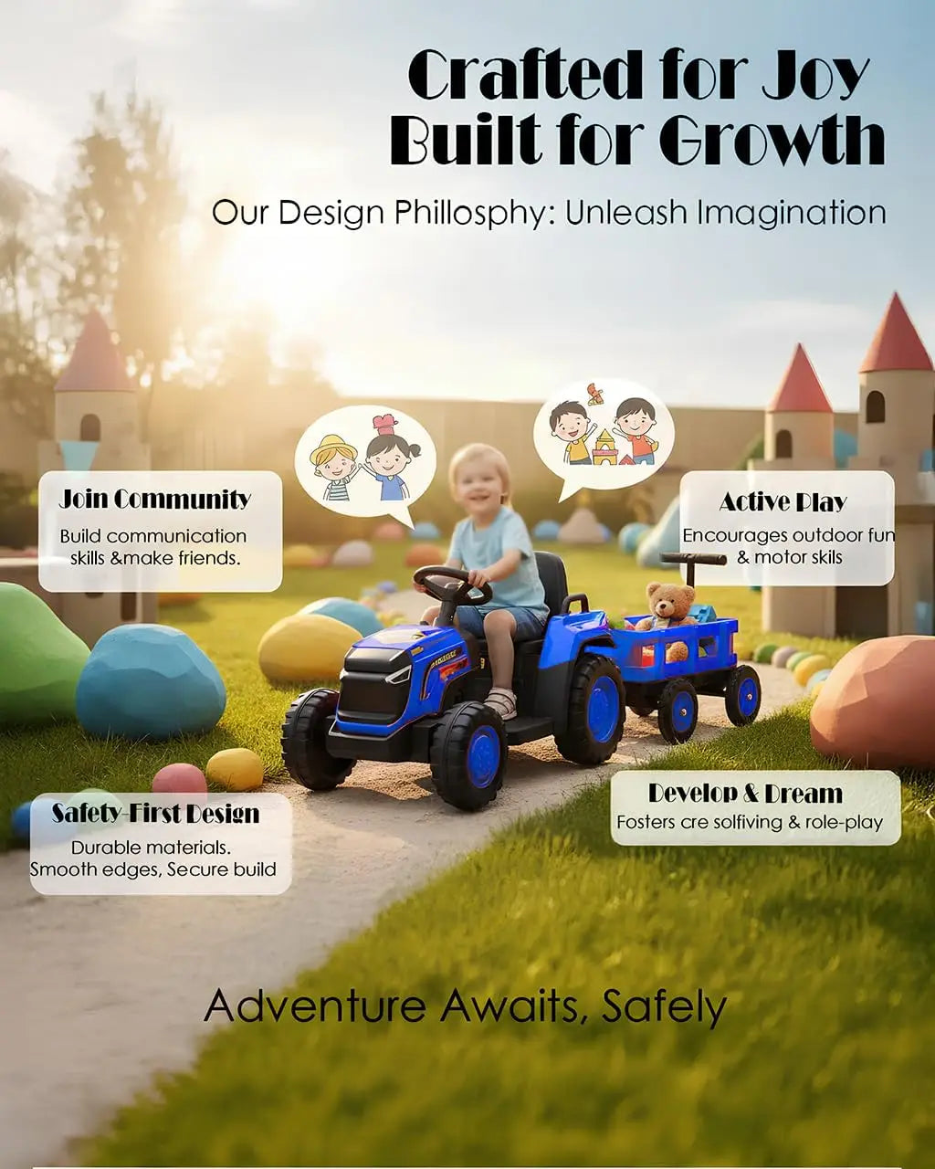 Toddlers Ride on Tractor with Detachable Garden Cart, 12V Electric Kids’ Vehicle Toys with Trailer, Up to 2.5 Mph Remote Control
