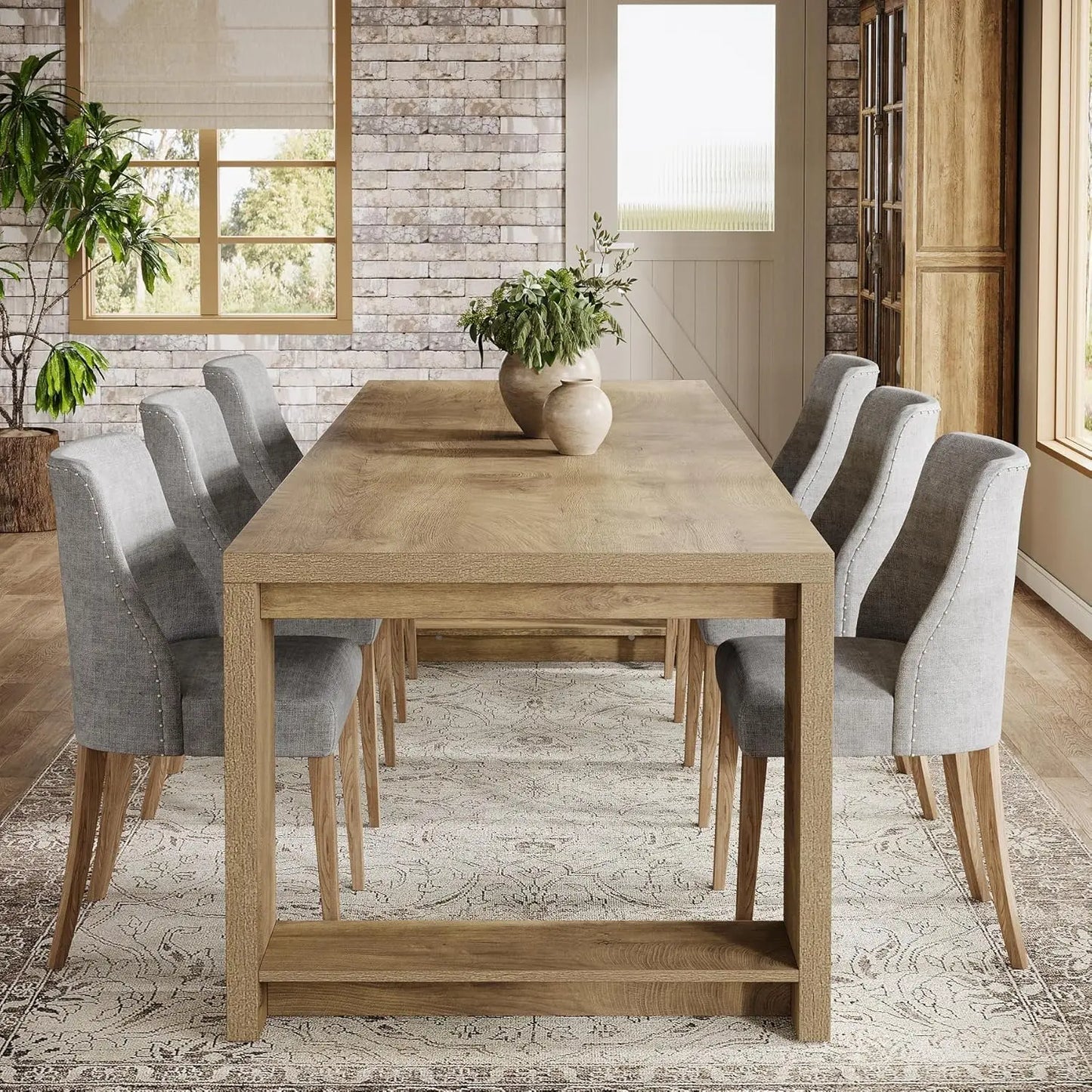 86.61-Inch Dining Table for 6 People, Modern Narrow Long Kitchen Table with Pedestal Base, Farmhouse Extra Long, Customized