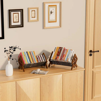 Desktop Bookshelf Organizer, Wood Office Tabletop Book Storage Rack, Tilting Bookcase for Books CDs Magazine Display 2 Packs Bl