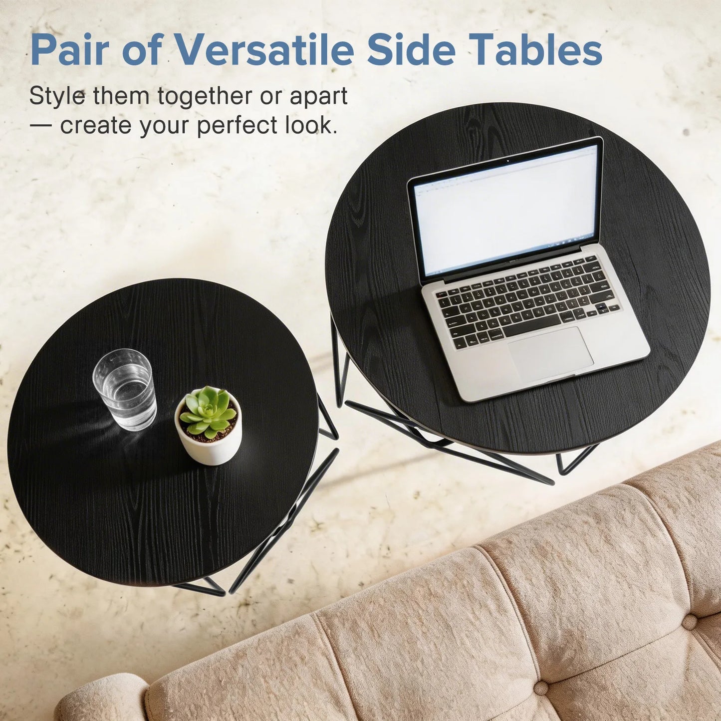Round Geometric Coffee Table Set of 2 Movable End Tables for Living Room Nesting Side Tables with Hidden Storage
