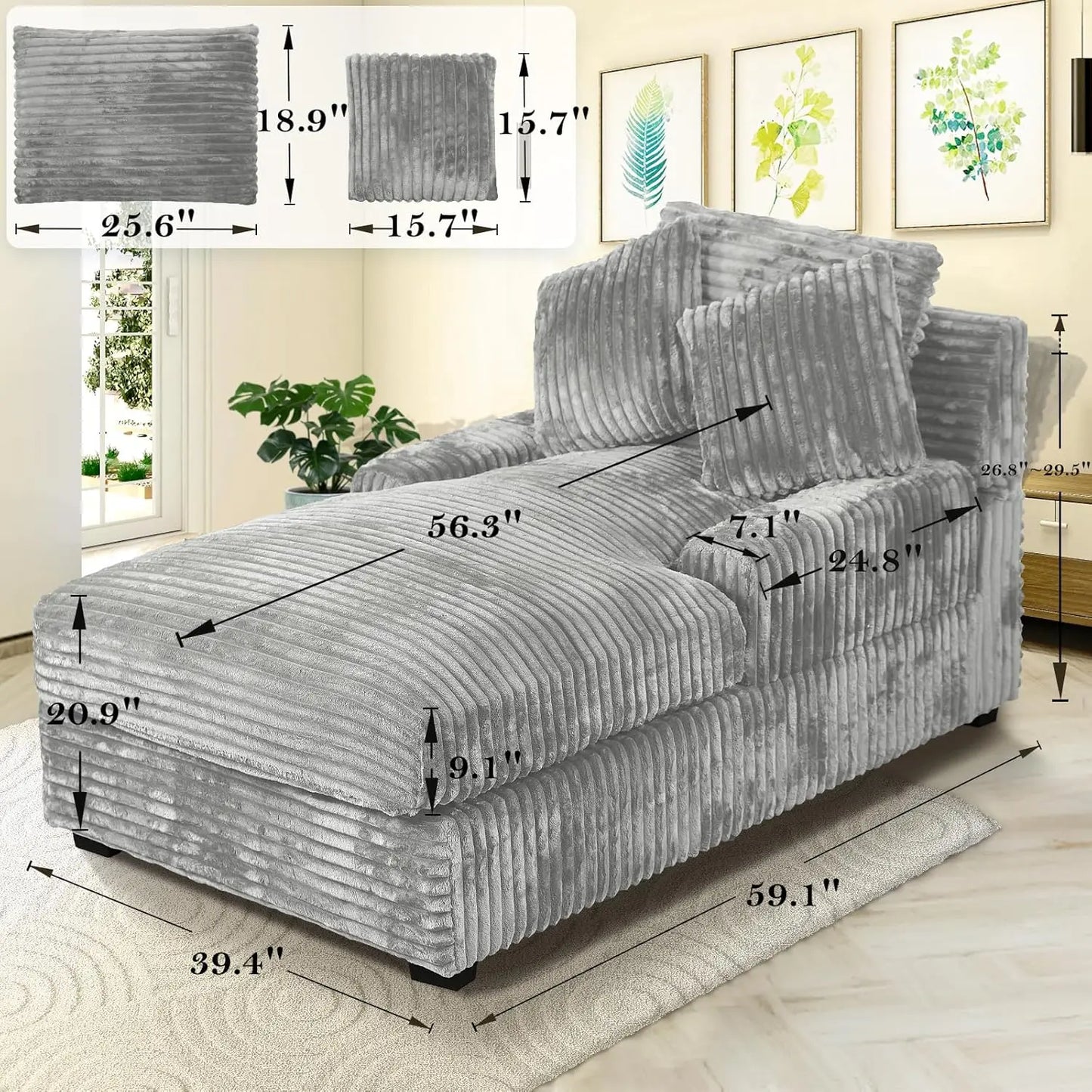 Adjustable Backrest Chaise Lounge Sofa Bed w/ Lumbar Pillows Upholstered Sleeper for Living Room Bedroom Office