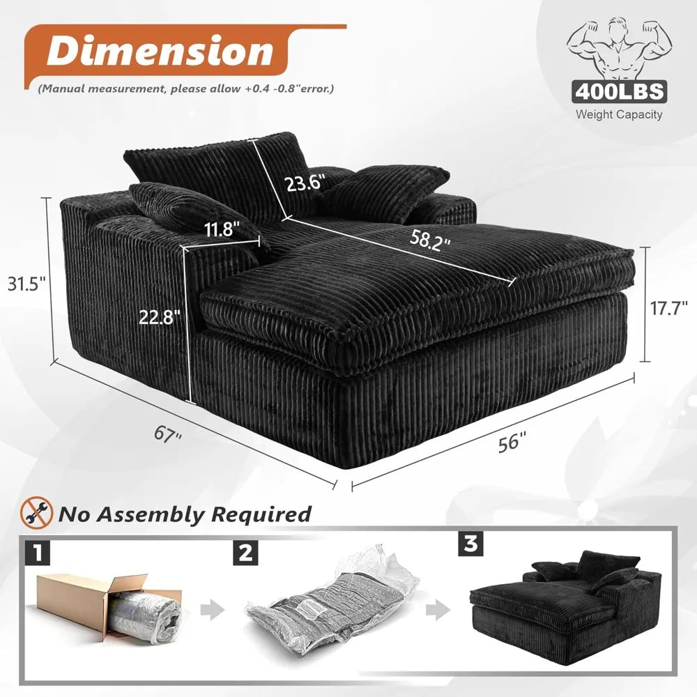 Oversized Chaise Lounge Chair Indoor, Corduroy Upholstered Deep Seat Sofa Couch, Cloud-Soft Boneless
