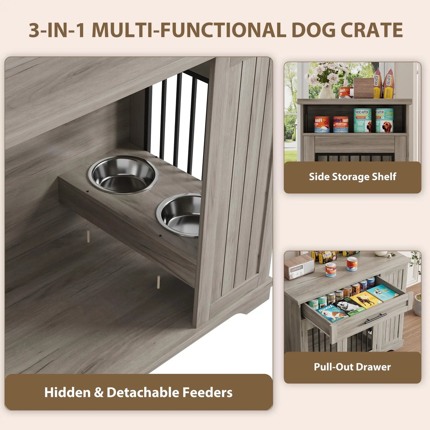 Furniture Style Dog Crate Heavy Duty Wooden Dog Kennel With Drawer Side Storage & Built-in Feeding Station For Pets