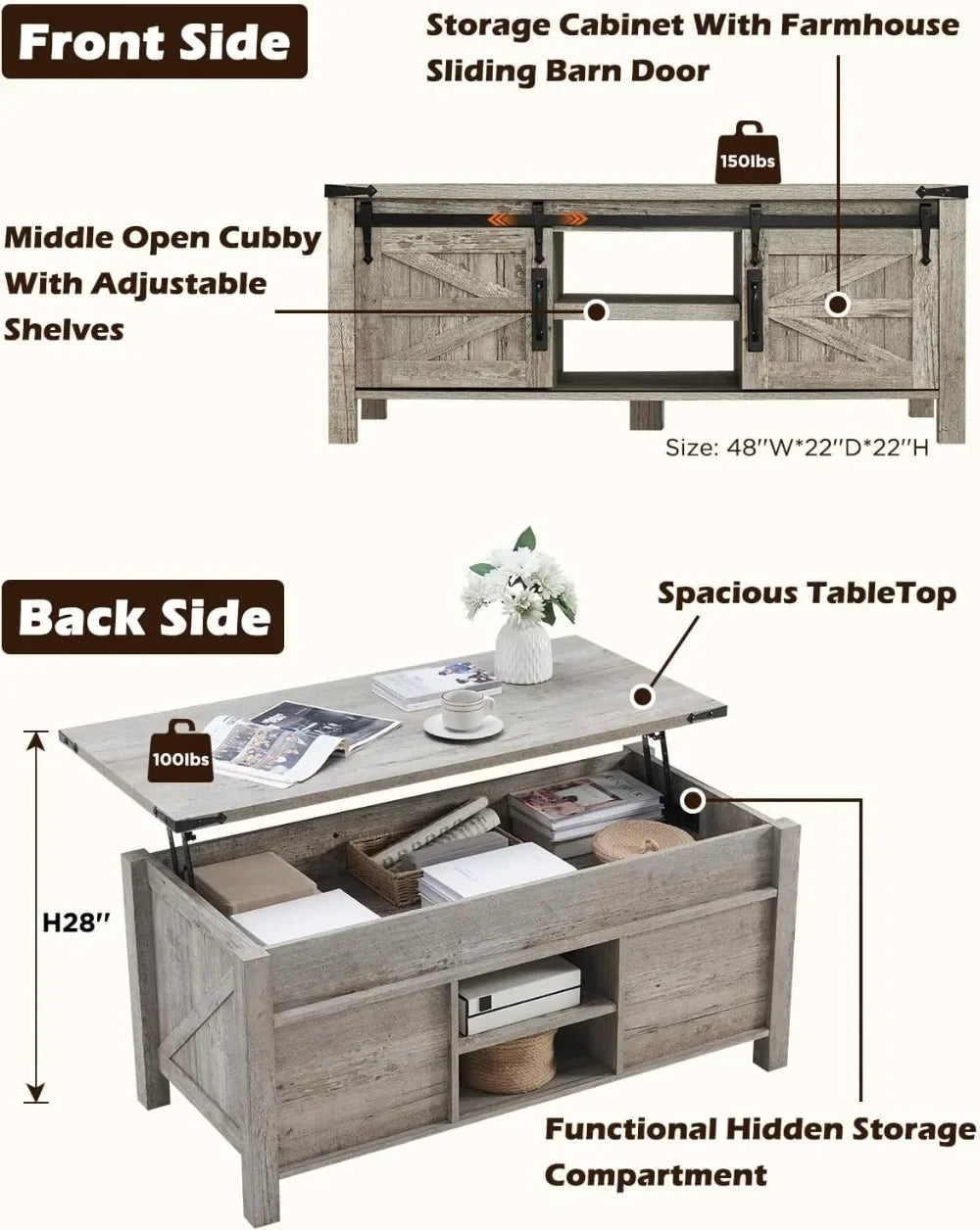 Lift Top Coffee Table with Sliding Barn Door, Rustic Farmhouse Storage Table for Living Room, Adjustable Shelf