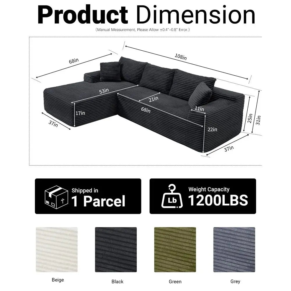 Cloud Sectional Couch, Modern Modular Sectional Sofa with Deep Seat, Corduroy Boneless Couches with L Shape Chaise for Living