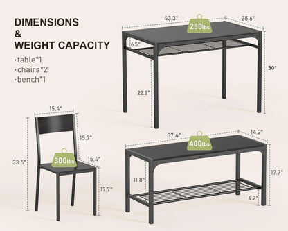 Kitchen Table and 2 Chairs for 4 with Bench, 4 Piece Dining Table Set for Small Space, Apartment